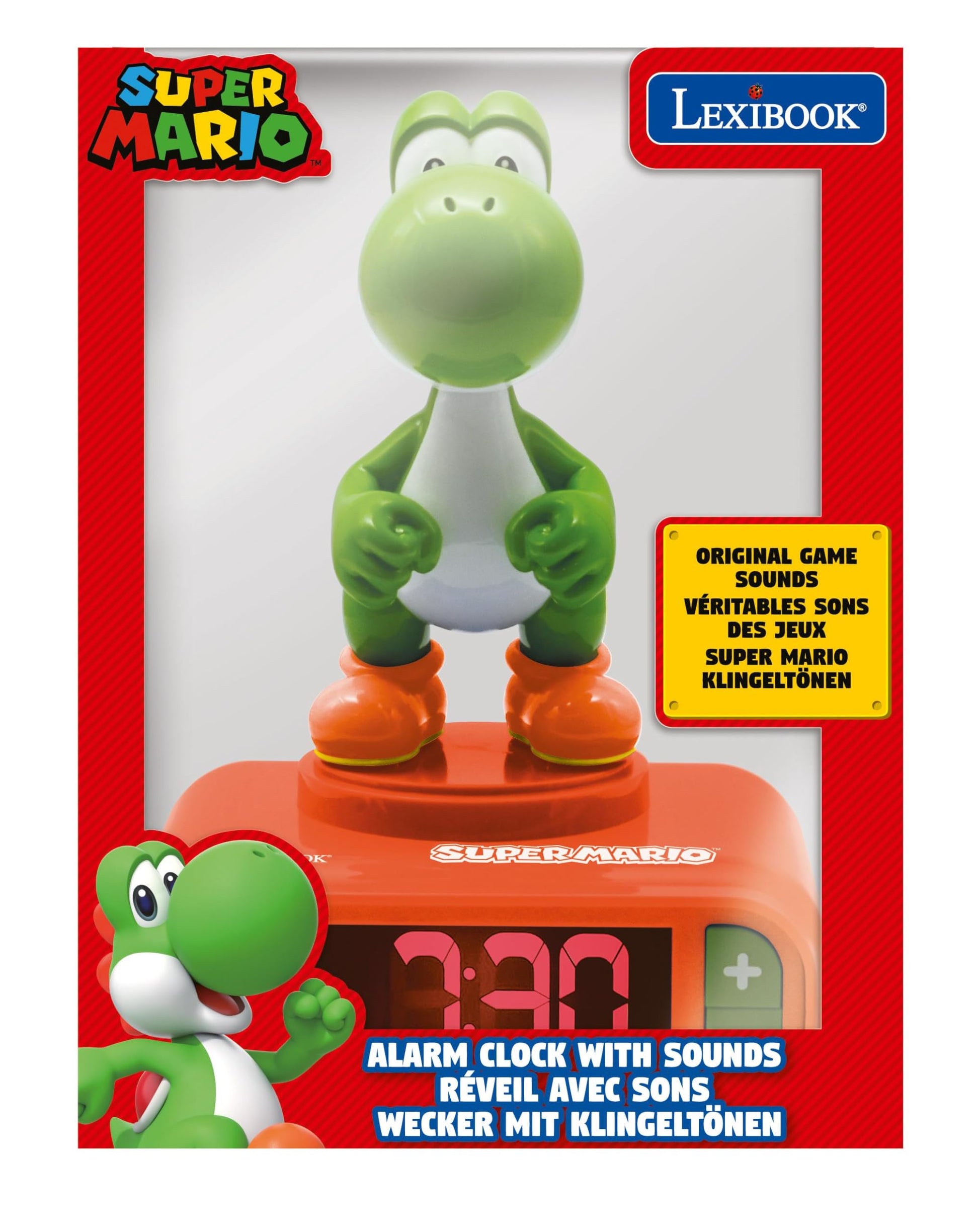 Lexibook Super Mario Yoshi nightlight alarm clock with LCD backlit screen, luminous display, snooze, and sound melodies in orange.
