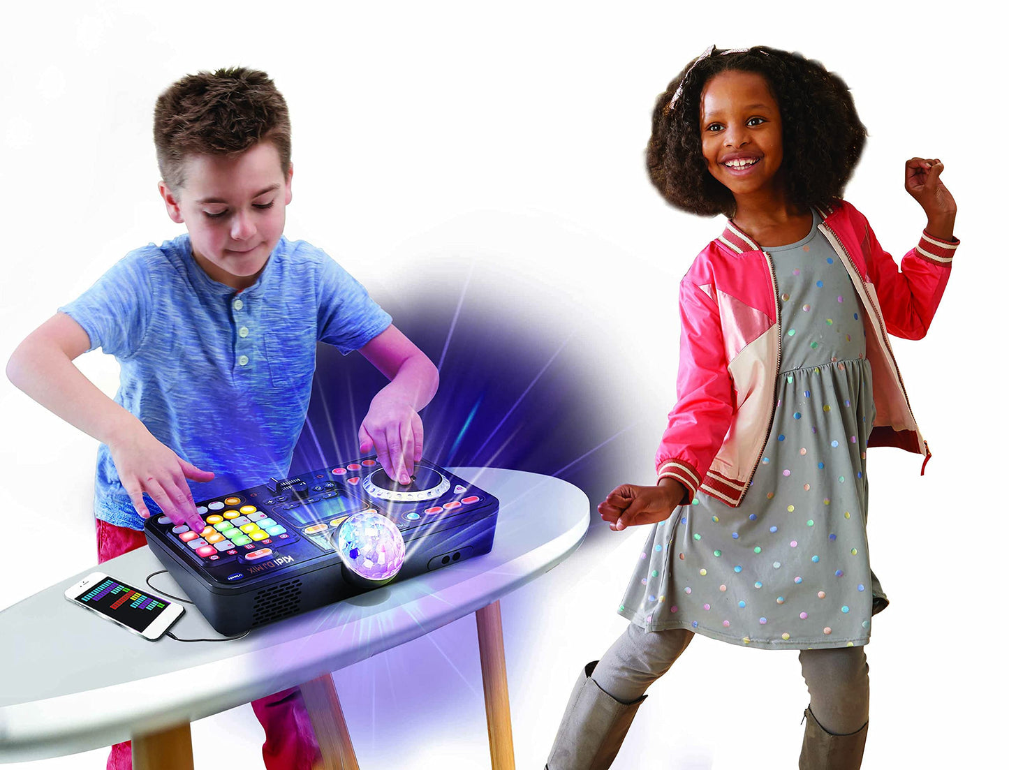 VTech Kidi DJ Mix toy DJ mixer in black with lights, buttons, and knobs, designed for kids aged 6+ to create music and mix tracks.