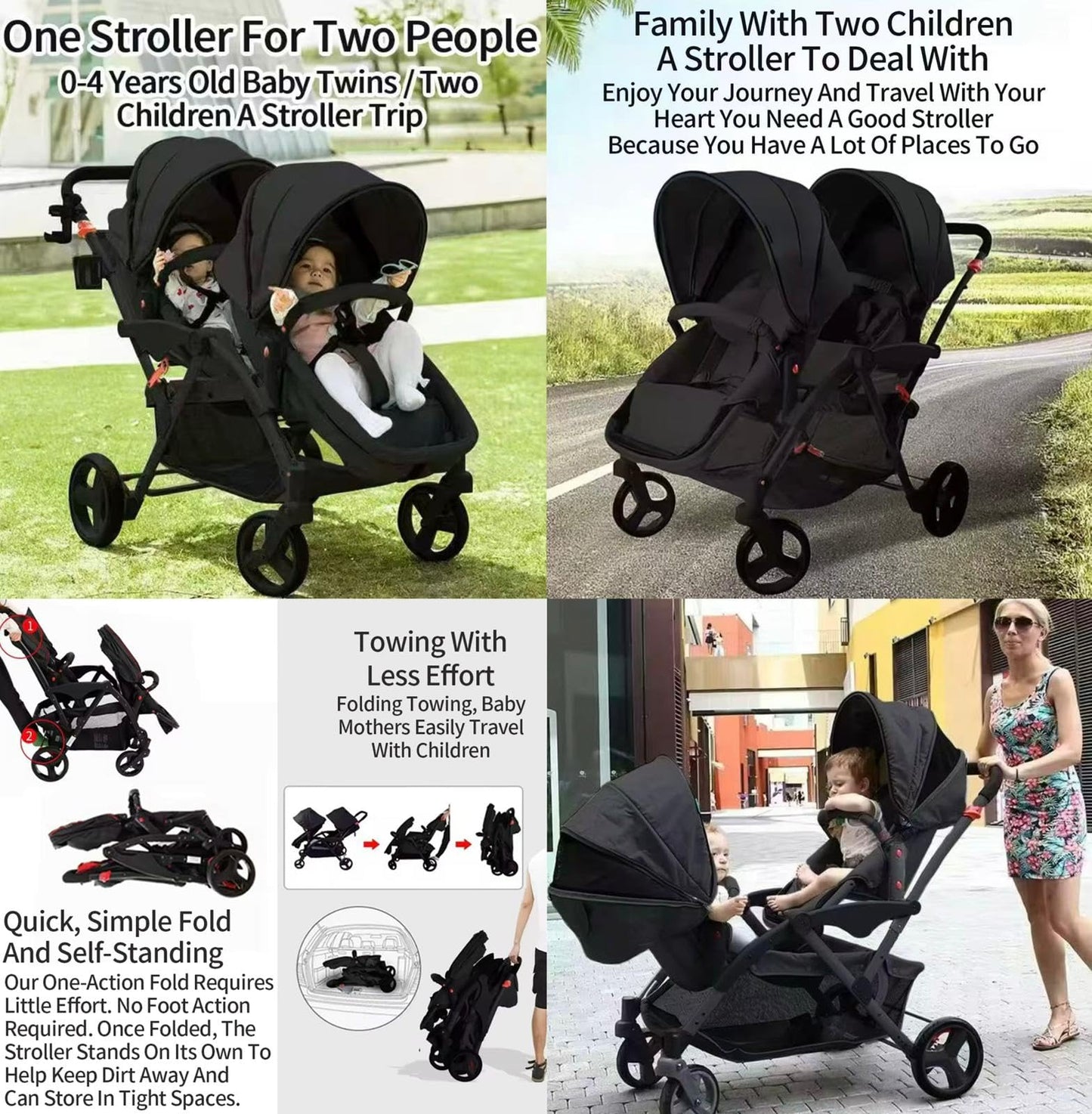 Rexhan Twin Baby Pram, 2 in 1 Foldable Double Baby Buggy, Reversible Tandem Pushchair, Twin All in One Stroller, Newborns, Toddlers, 0-4 Years, Aluminium Frame, Lightweight
