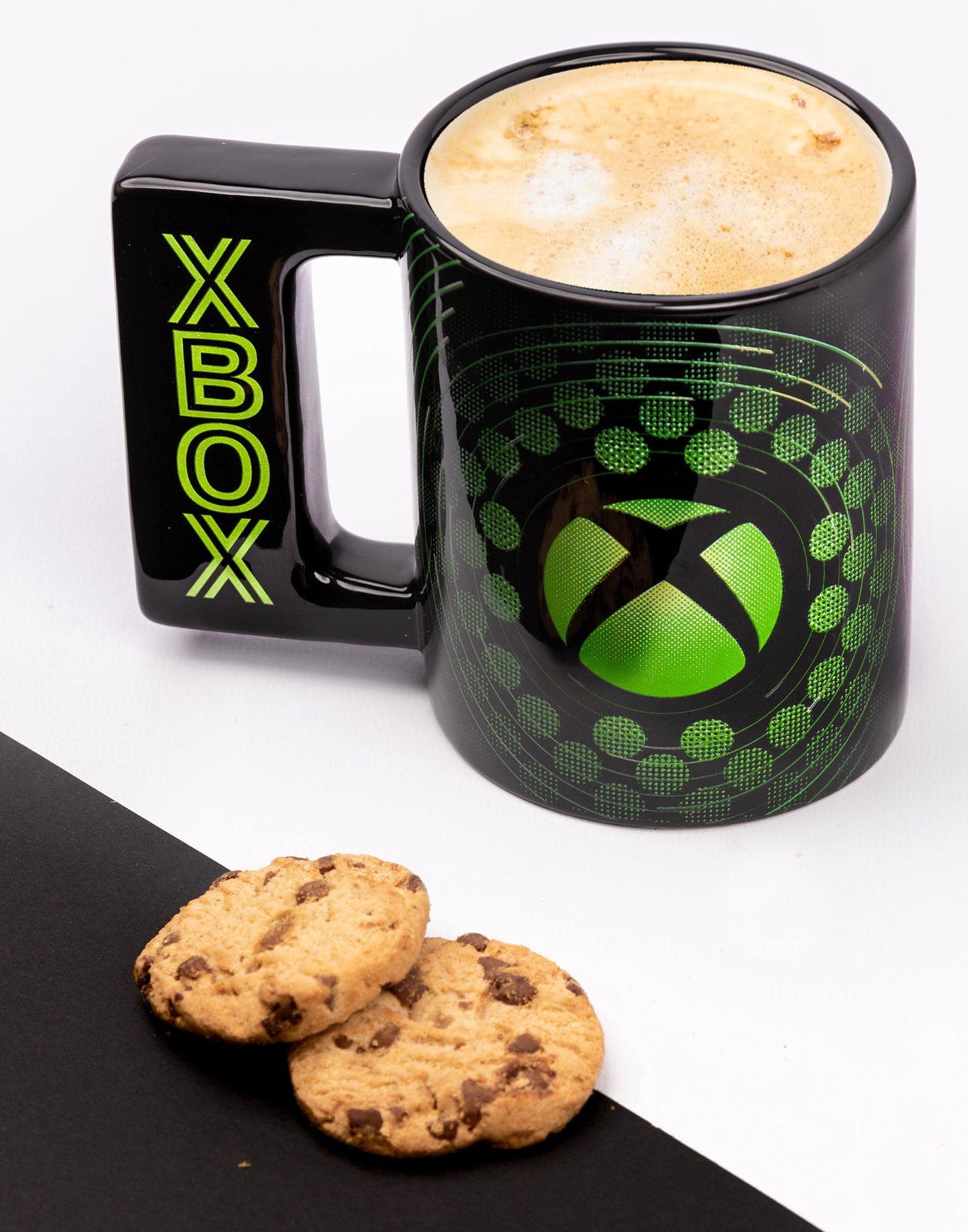 Black Xbox ceramic mug with green Xbox logo and handle, 16oz gaming gift, ideal for fans of video game consoles.