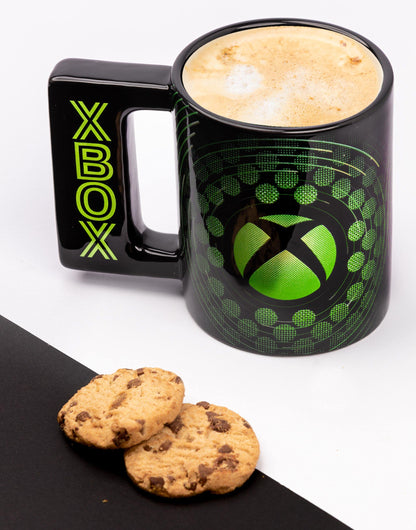 Black Xbox ceramic mug with green Xbox logo and handle, 16oz gaming gift, ideal for fans of video game consoles.