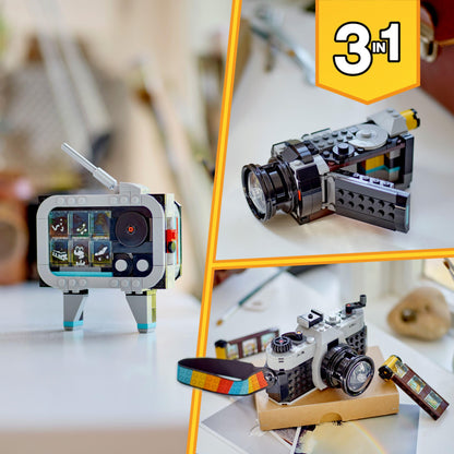 LEGO Creator 3in1 Retro Camera toy, transforming into a video camera and TV set, ideal for kids' creative play and room decor.