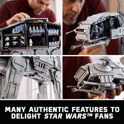 LEGO Star Wars AT-AT Walker 75313 model with nine minifigures including Luke Skywalker and General Veers, detailed design.