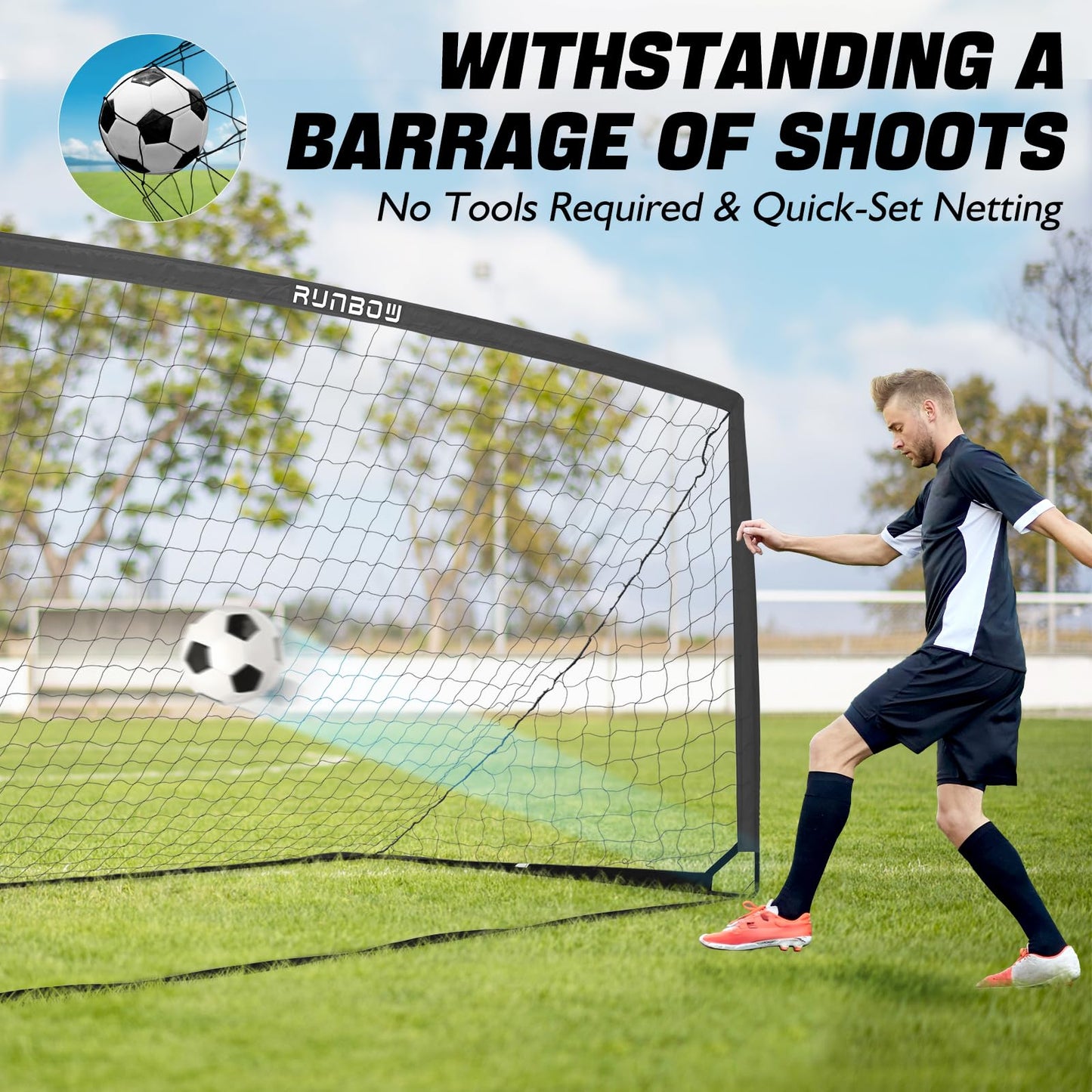 RUNBOW 9x5 ft Kids Football Goal, Portable Soccer Net for Adult Junior Backyard Practice with Carry Bag (Black, 1 Pack)
