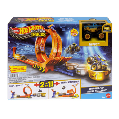 Hot Wheels Monster Trucks Loop-And-Flip Trophy Challenge with 1:64 Bigfoot die-cast truck and track set for kids.
