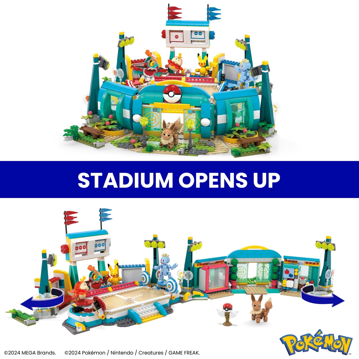 MEGA Pokémon Building Toys Set featuring a training stadium, 1101 pieces, and 5 poseable characters for imaginative play.