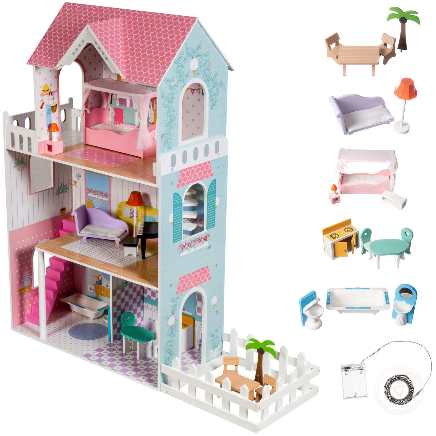 Mamabrum Wooden Dolls House XXL with Terrace Garden, LED Lights, Furniture & Accessories Included, 3-Storey Houses & Wooden Sweet Playhouse with Painted Roof & Walls for Little Girls, Rose/Light Blue