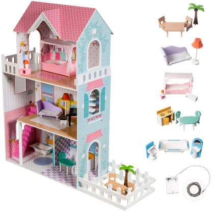 Mamabrum Wooden Dolls House XXL with Terrace Garden, LED Lights, Furniture & Accessories Included, 3-Storey Houses & Wooden Sweet Playhouse with Painted Roof & Walls for Little Girls, Rose/Light Blue