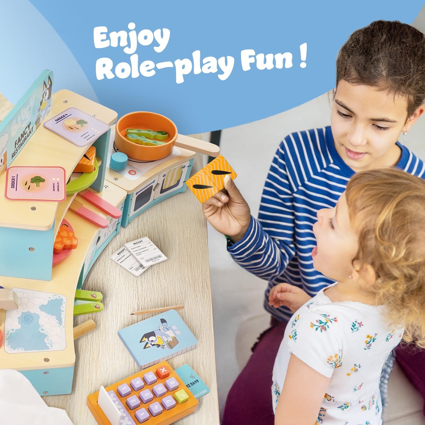 Bluey wooden tabletop restaurant playset for kids with oven, sink, fridge, and accessories, ideal for imaginative role play.