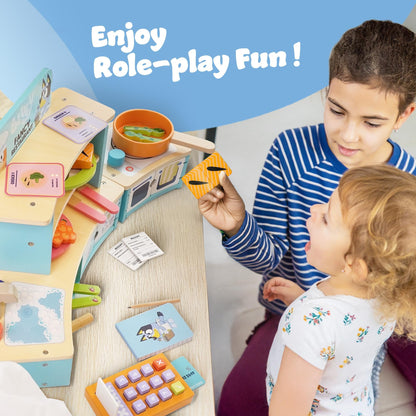 Bluey wooden tabletop restaurant playset for kids with oven, sink, fridge, and accessories, ideal for imaginative role play.