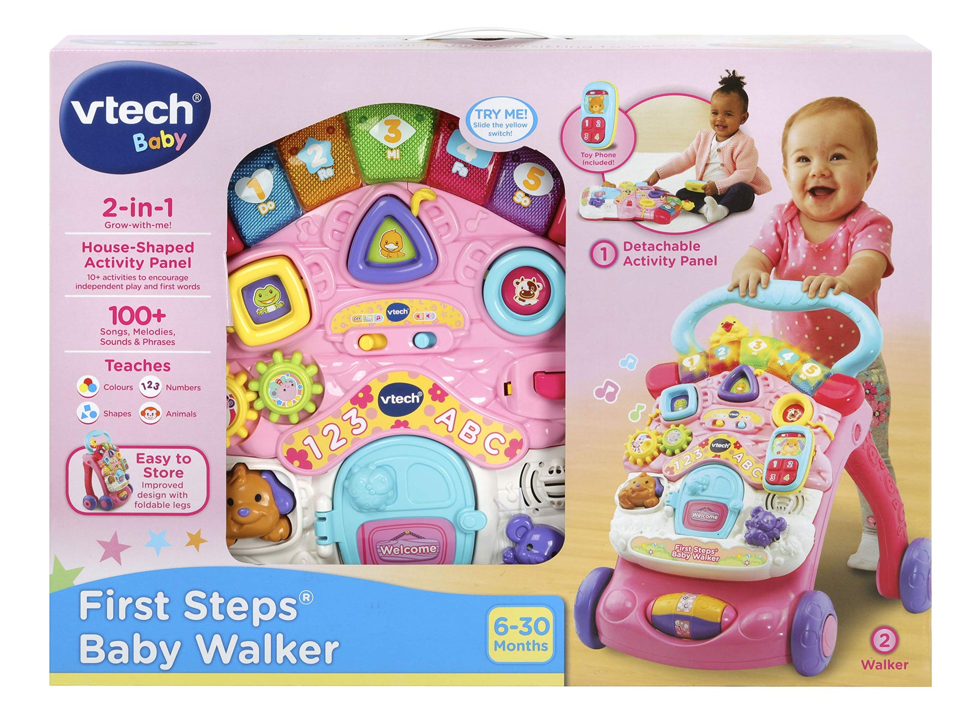 VTech First Steps Baby Walker in pink with shape toys, sounds, music, and pretend play features for babies 6 months to 3 years.