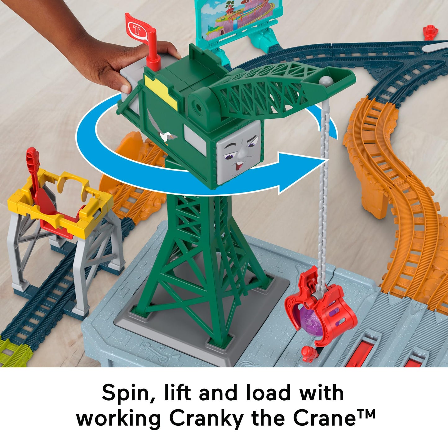 Thomas & Friends Motorized Train Set, Talking Cranky Delivery Set, Battery Powered Toy Train & Crane with Songs & Sounds, UK English Version, HRB37