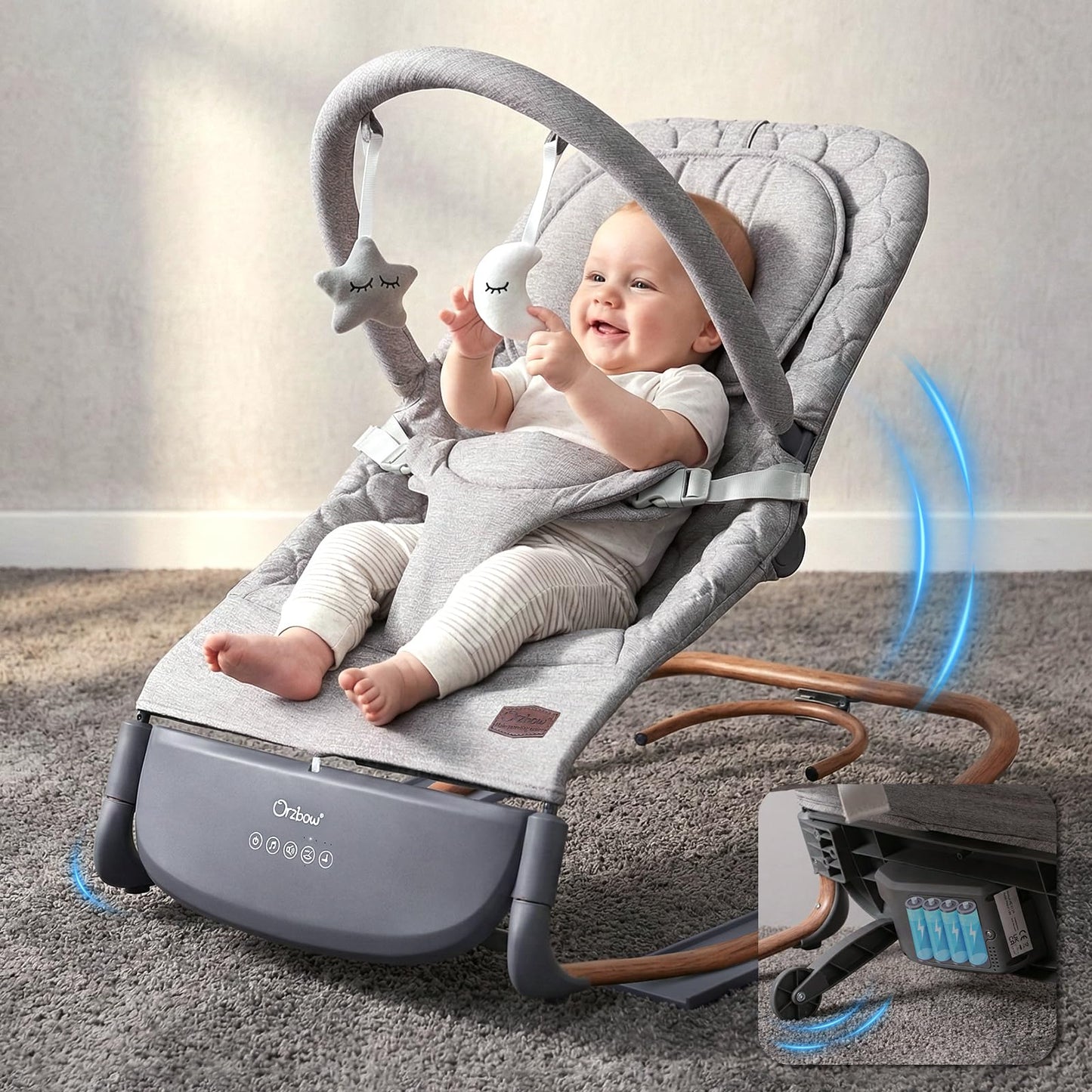 Orzbow electric baby bouncer with ergonomic design, touch control, multiple swing speeds, lullabies, and adjustable volume in dove grey.