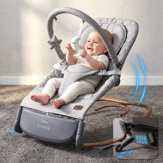 Orzbow electric baby bouncer with ergonomic design, touch control, multiple swing speeds, lullabies, and adjustable volume in dove grey.