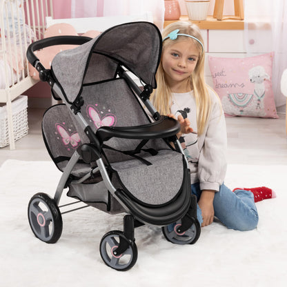 Bayer Twin Dolls Pram foldable double buggy for 46 cm dolls, with adjustable handle, basket, changing bag, for girls aged 3+