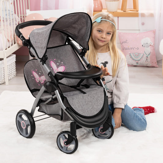 Bayer Twin Dolls Pram foldable double buggy for 46 cm dolls, with adjustable handle, basket, changing bag, for girls aged 3+