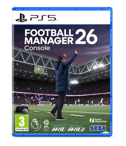 SEGA Football Manager 26 console game for PlayStation 5, featuring game cover with football and console branding.