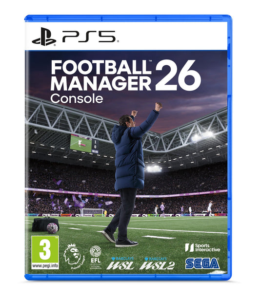 SEGA Football Manager 26 console game for PlayStation 5, featuring game cover with football and console branding.