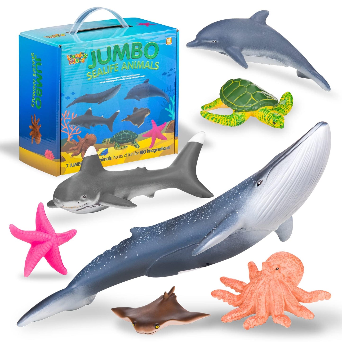 Set of 7 jumbo sea animal figures including shark, whale, and dolphin toys for children by Learning Minds.