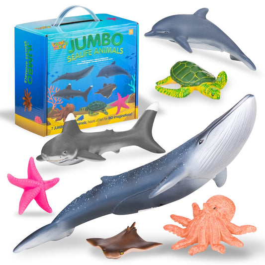 Set of 7 jumbo sea animal figures including shark, whale, and dolphin toys for children by Learning Minds.