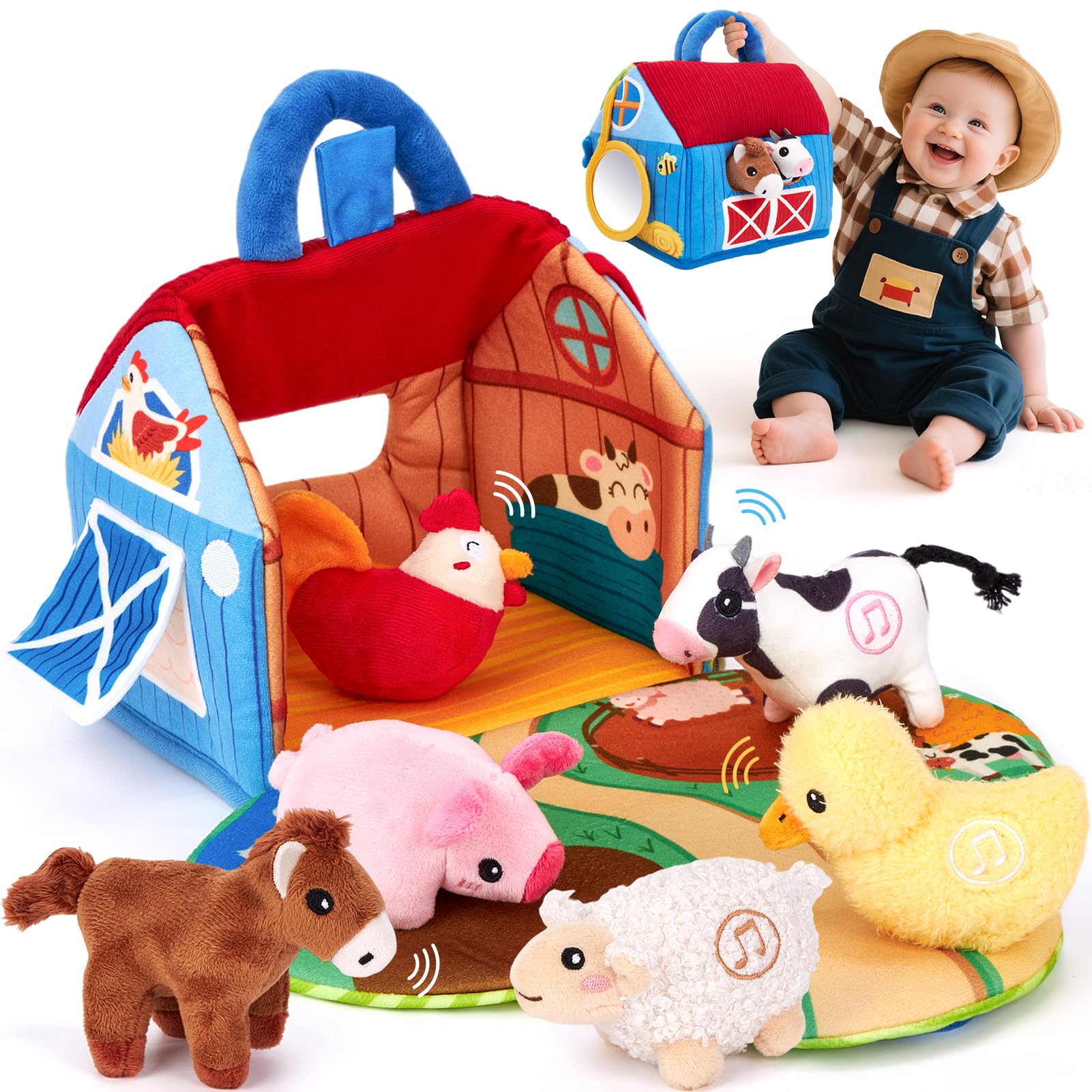 Plush farm animal sound toys from hahaland, featuring crinkle textures and a mirror for interactive baby sensory play.