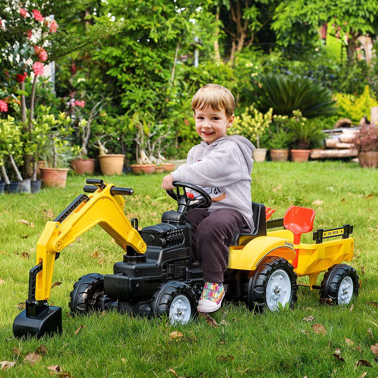 HOMCOM Ride On Tractor for Kids, 3 in 1 Ride On Digger Toy Car with Adjustable Arm & Manual Shovel and Removable Trailer, Pretend Play Construction Truck for 3-6 Years