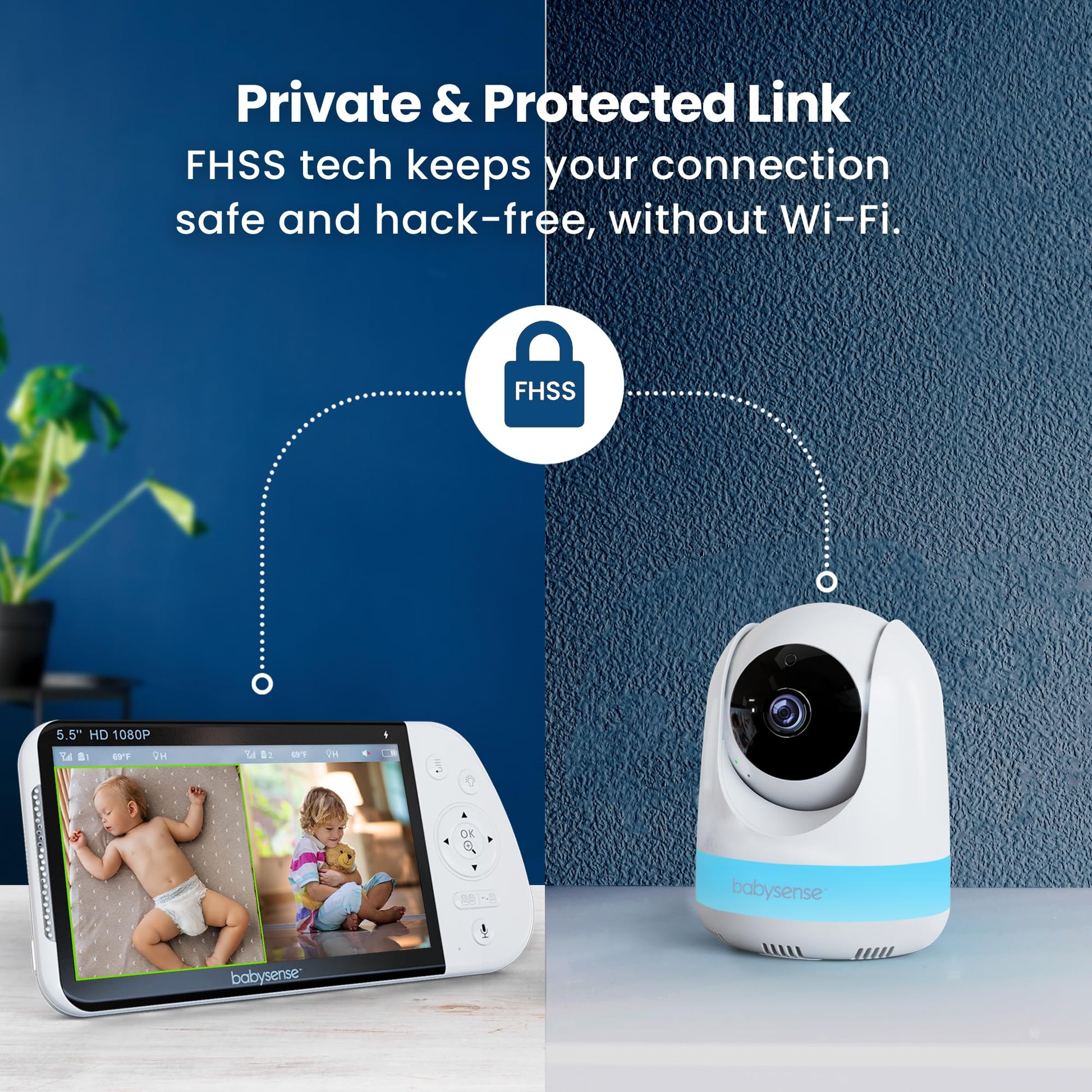 Babysense Full HD split-screen baby monitor with two PTZ cameras, two-way talk, night light, long range, and crystal-clear audio.