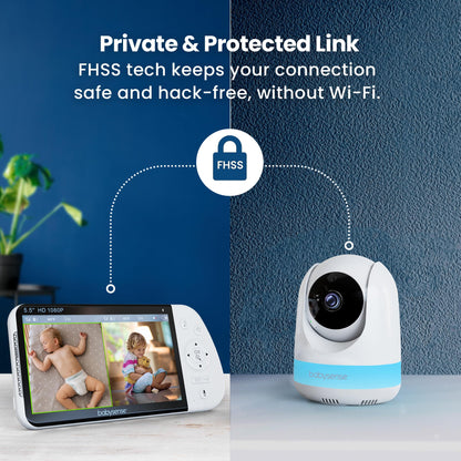 Babysense Full HD split-screen baby monitor with two PTZ cameras, two-way talk, night light, long range, and crystal-clear audio.