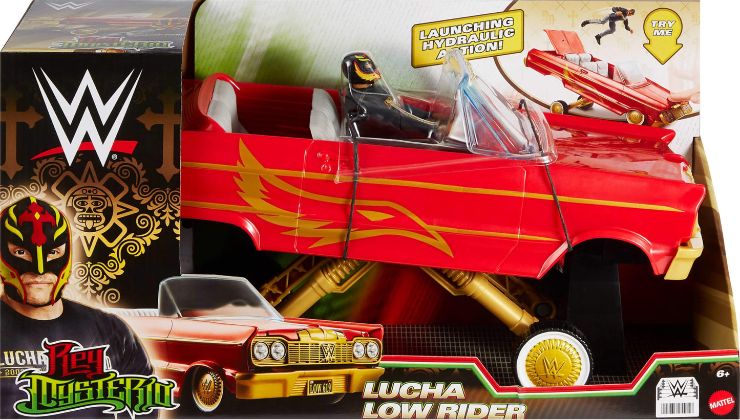 Mattel WWE Action Figure & Toy Vehicle Set, Rey Mysterio Main Event Figure & Lucha Low Rider Car with Launching Action & Hydraulics, HYT25
