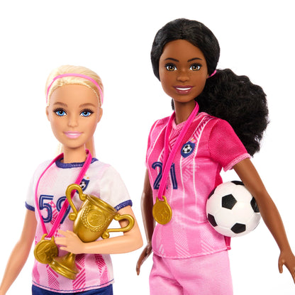 Barbie Careers Playset featuring blonde Barbie soccer player doll, two nets, and 15 accessories for active play.