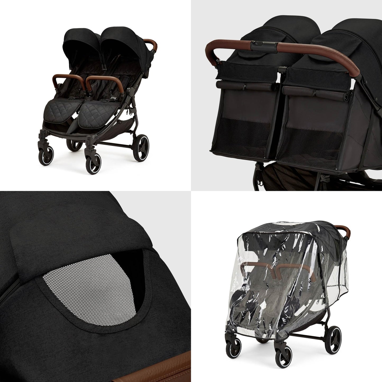 Ickle Bubba Venus Double Stroller – Twin Pushchair from Birth to 15kg per Seat, Independent Recline Seats, Footrest, Rain Cover, Compact Fold, Swivel Wheels & Suspension (Black)