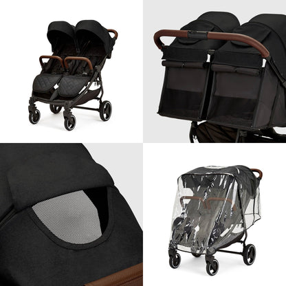 Ickle Bubba Venus Double Stroller – Twin Pushchair from Birth to 15kg per Seat, Independent Recline Seats, Footrest, Rain Cover, Compact Fold, Swivel Wheels & Suspension (Black)
