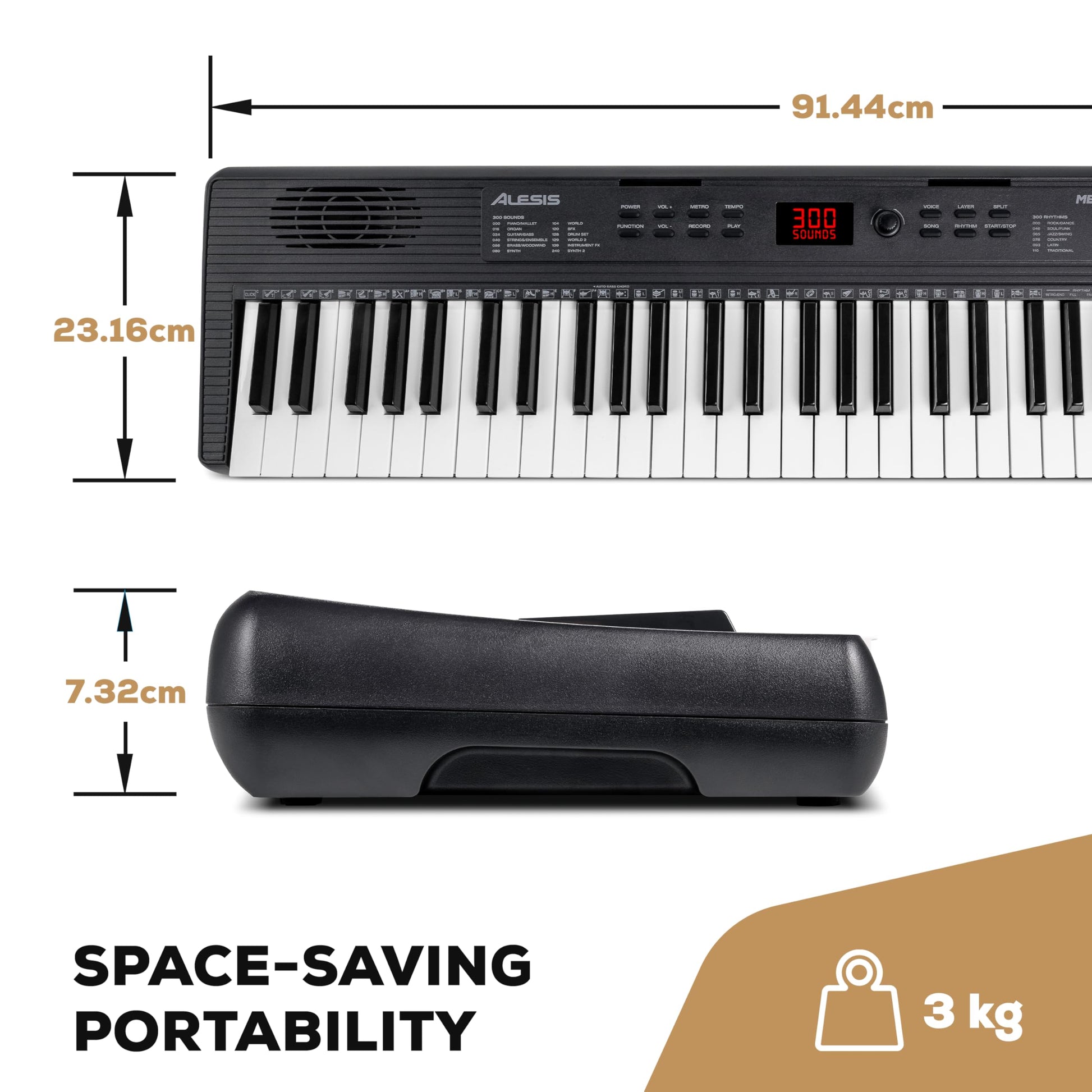 Alesis Melody 61 keyboard piano with 61 keys, built-in speakers, stand, bench, headphones, and music stand for beginners.