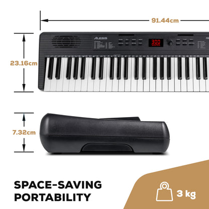Alesis Melody 61 keyboard piano with 61 keys, built-in speakers, stand, bench, headphones, and music stand for beginners.