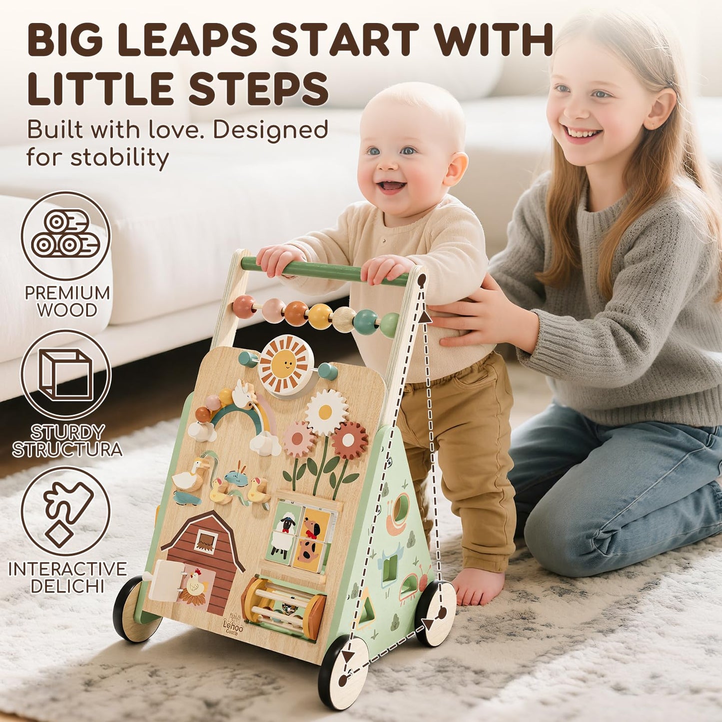 Lehoo Castle wooden baby walker with colorful toys, push along activity center for 12+ months, helps toddlers learn to walk and play.