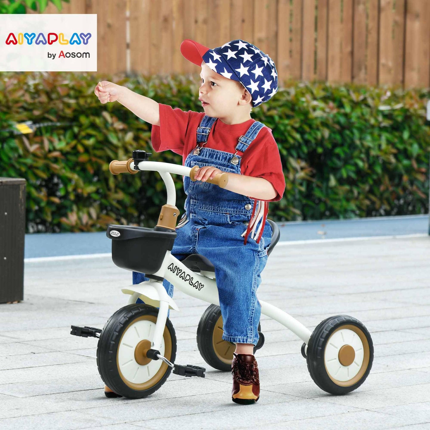 AIYAPLAY Baby Trike, Toddler Tricycle with Adjustable Seat, Basket, Bell, Kids Tricycle for 2-5 Years Old, White