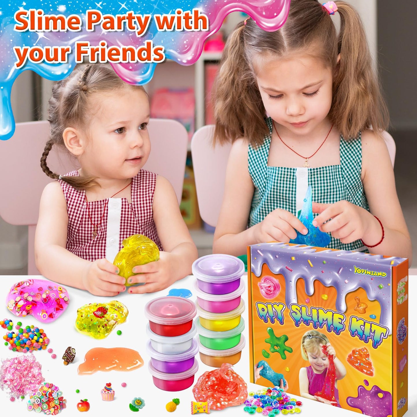 YOPINSAND DIY slime making kit with 12 colors, glow-in-the-dark slime, foam balls, charms, and sequins for creative fun.