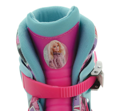 M.V. Sports Barbie-themed in-line skates with adjustable fit, durable construction, and pivoting heel cuff for comfort.