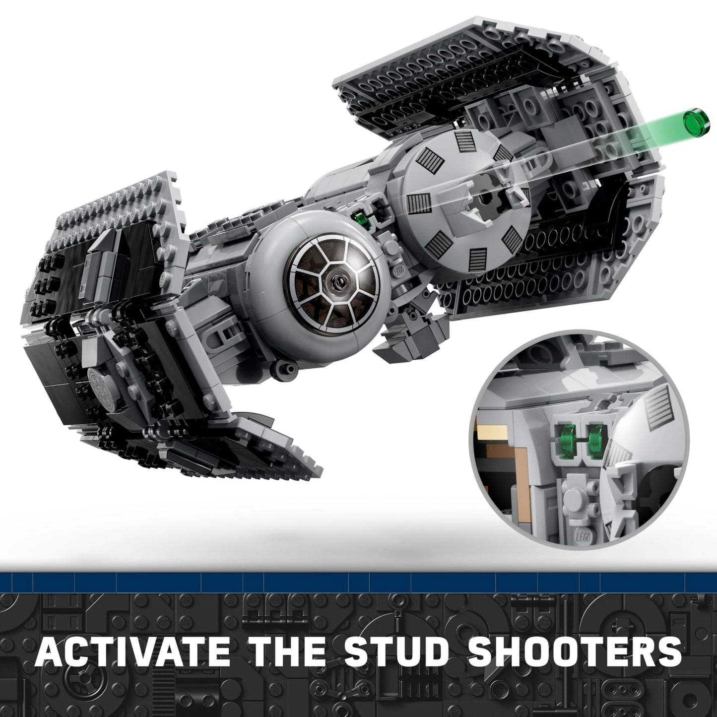 LEGO Star Wars 75347 TIE Bomber model with Darth Vader minifigure, Gonk Droid, and torpedo-dropping function.