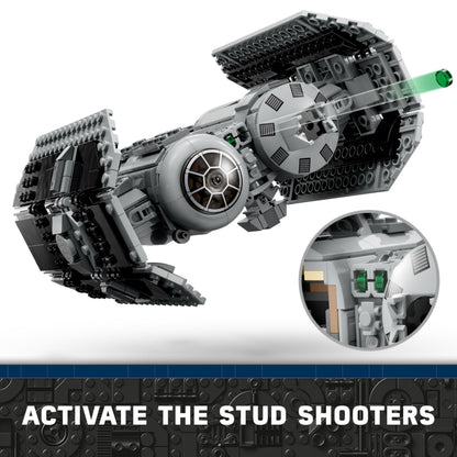 LEGO Star Wars 75347 TIE Bomber model with Darth Vader minifigure, Gonk Droid, and torpedo-dropping function.