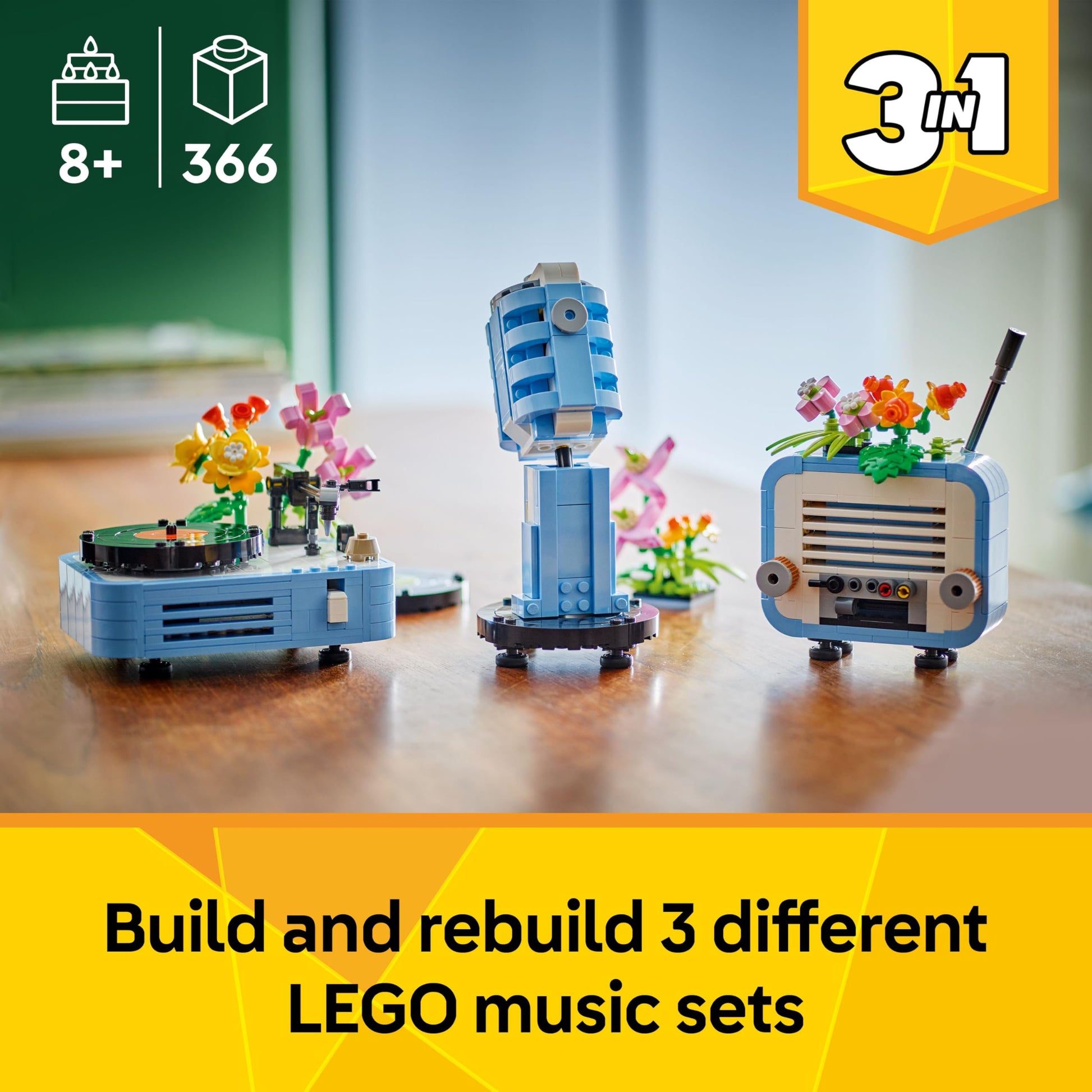 LEGO Creator 3in1 Record Player building toy with flowers, also rebuilds into a radio or microphone model.