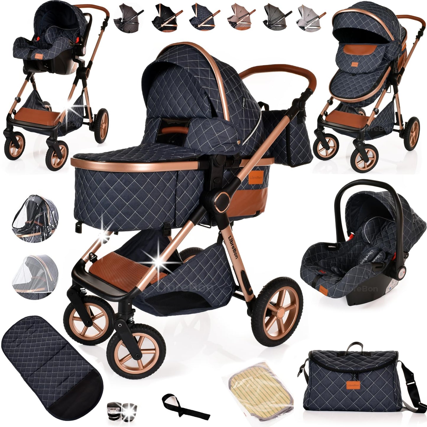Boneelook 3-in-1 baby stroller pram and pushchair with lightweight aluminum frame, blue denim fabric, and rose gold accents.