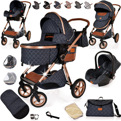 Boneelook 3-in-1 baby stroller pram and pushchair with lightweight aluminum frame, blue denim fabric, and rose gold accents.