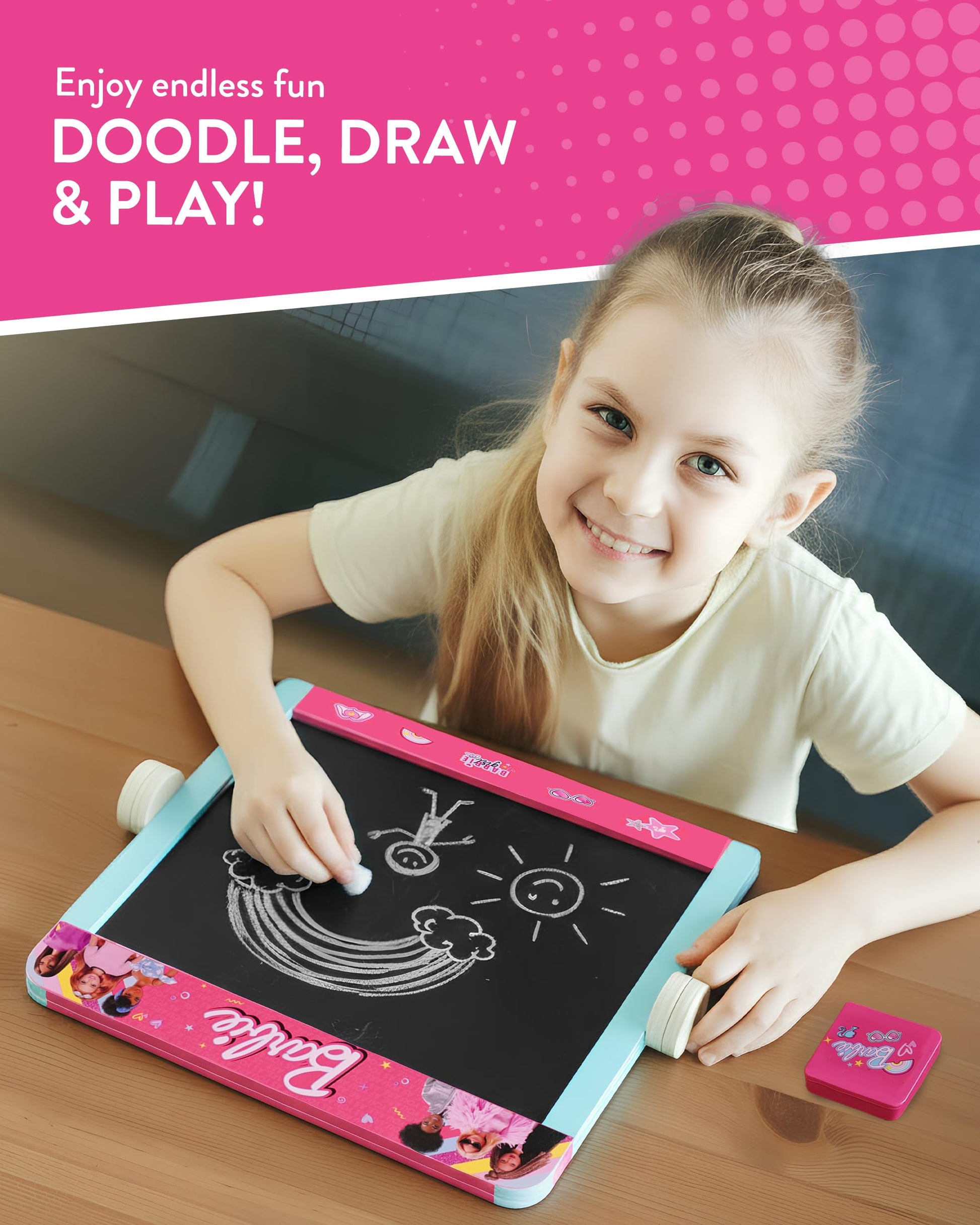 Barbie 2-in-1 wooden kids' art board with blackboard and whiteboard, includes pen, eraser, and chalk on tabletop easel