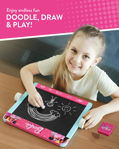 Barbie 2-in-1 wooden kids' art board with blackboard and whiteboard, includes pen, eraser, and chalk on tabletop easel