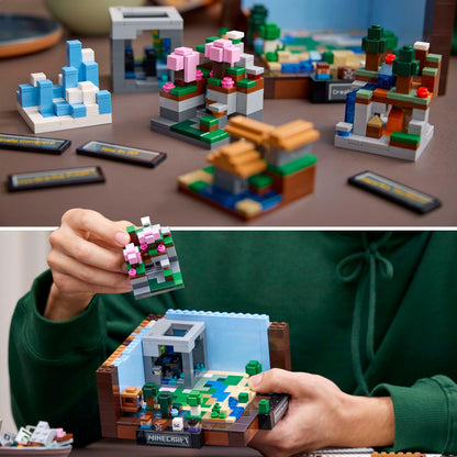 LEGO Minecraft The Crafting Table set with Steve, Alex, and mobs, showcasing detailed building blocks for adult fans.