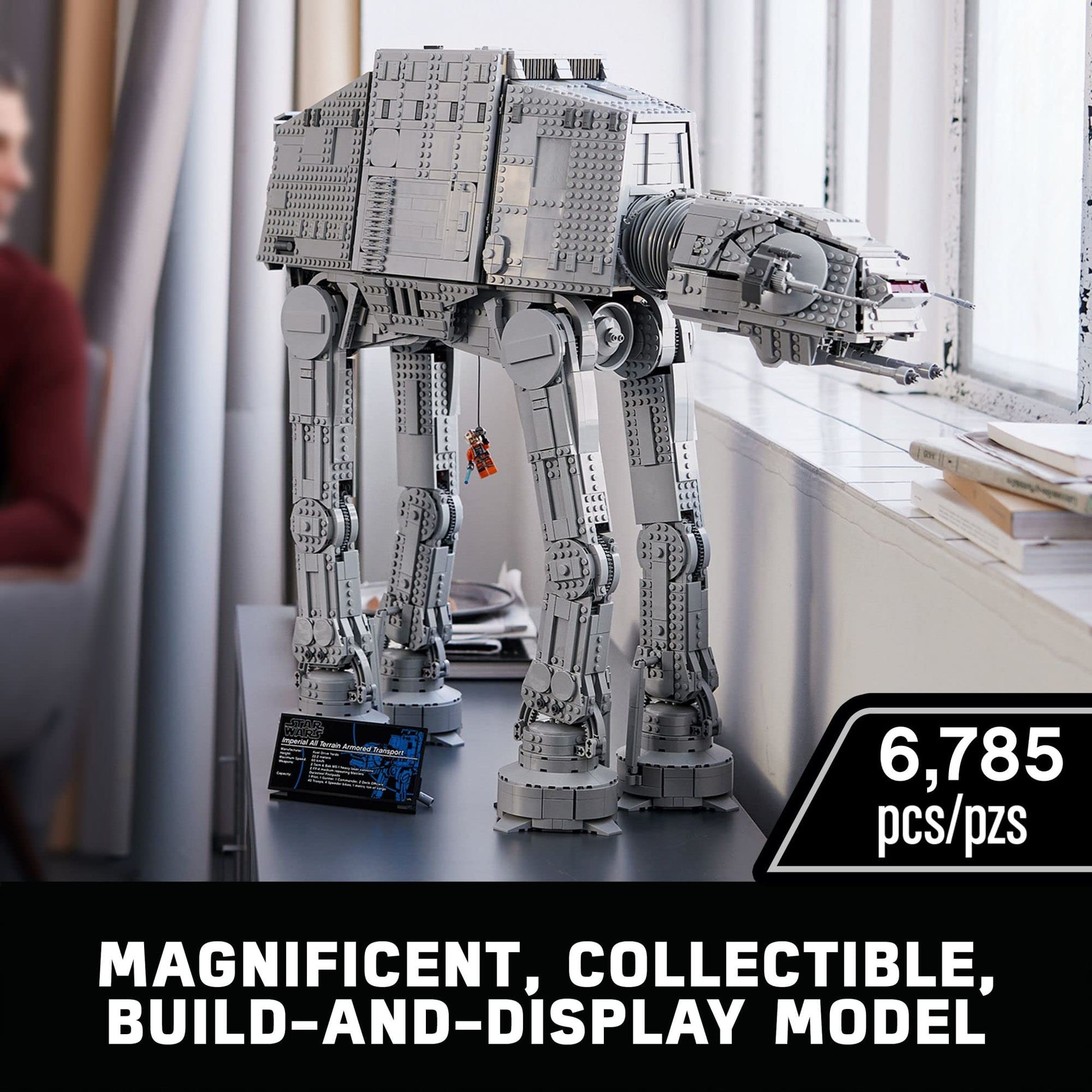 LEGO Star Wars AT-AT Walker 75313 model with 9 minifigures including Luke Skywalker and General Veers, detailed build.