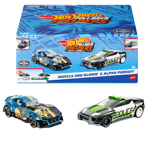 Hot Wheels Pull-Back Speeders set of 2 toy cars in 1:43 scale, featuring assorted styles and opening elements.
