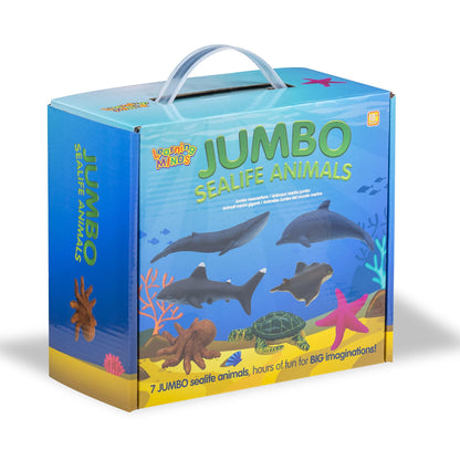 Jumbo sea animal figures set by Learning Minds, featuring a shark, whale, and dolphin for educational play for children.