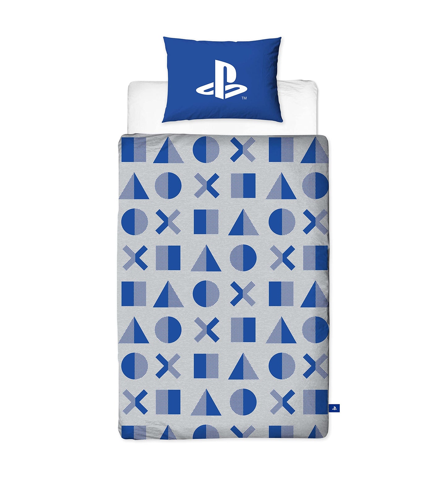 PlayStation official reversible duvet cover with layered design, includes pillow case, suitable for single bed, vibrant gaming-themed pattern.
